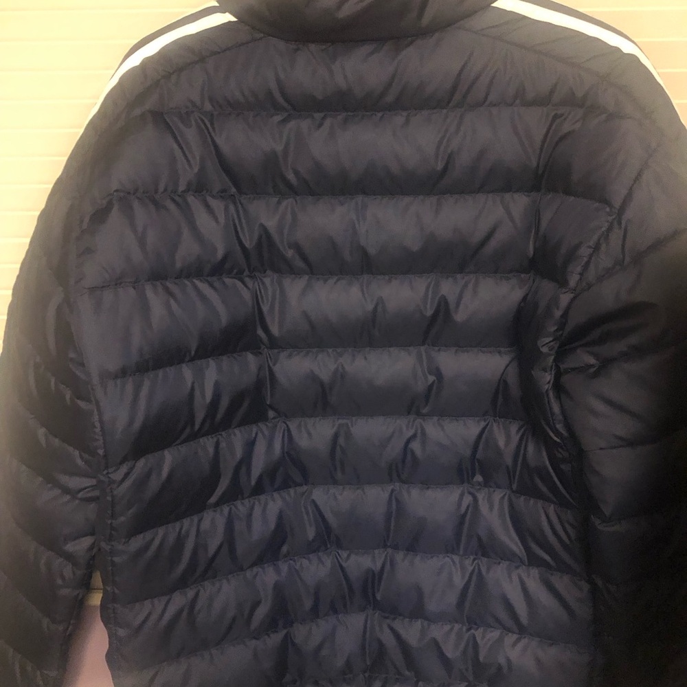 Adidas Navy Blue Puffer Jacket with Iconic Stripes - Picture 2 of 3